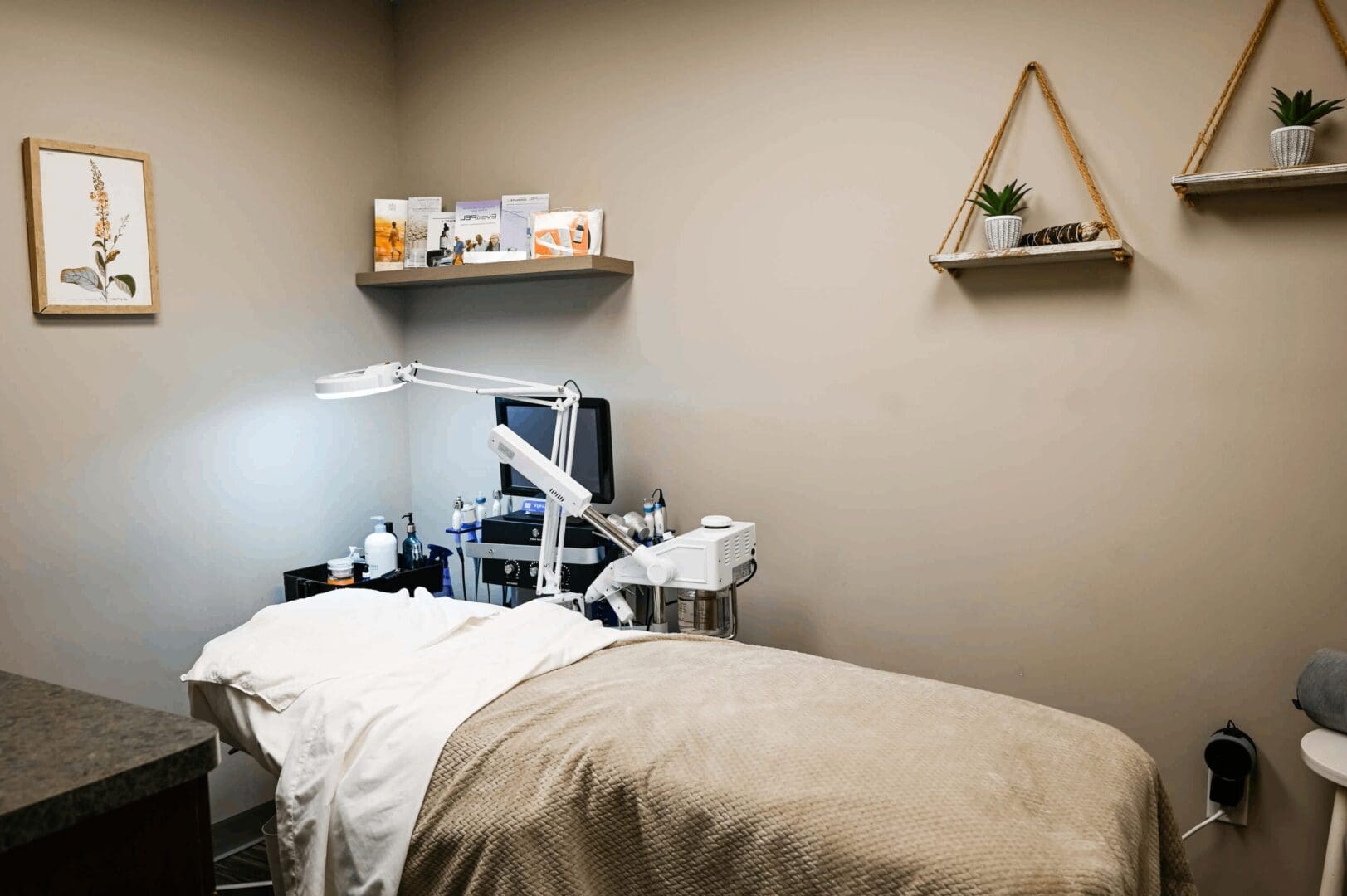 A bed room with a neatly made bed and some shelves